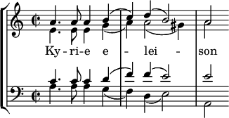 
<<
\new StaffGroup <<
\new Staff { \clef treble \time 2/2 \key a \minor
  \set Staff.midiInstrument = "trombone"
  \relative c'
  << { a'4. a8 a4 b (c) d (b2) a } \\
  { e4. e8 e4 g (a) a2 ( gis4 ) a2 } >>
}
\addlyrics { Ky -- ri -- e e -- _ lei -- _ _ son }
\new Staff { \clef bass \key a \minor \set Staff.midiInstrument = "trombone"
  \relative c'
  << { c4. c8 c4 d (f) f (e2) e } \\
  { a,4. a8 a4 g (f) d (e2) a, } >>
}
>>
>>
\layout { indent = #0 }
\midi { \tempo 4 = 120 }
