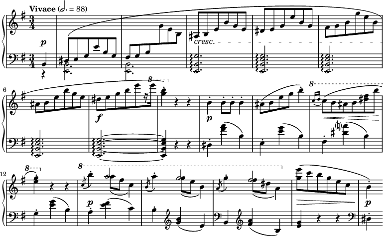 
\language english
\layout { \context { \PianoStaff \accidentalStyle piano-cautionary } }
\new PianoStaff
<<
  \new Staff = "top" \fixed c' {
    \key e \minor
    \change Staff = "bot" \voiceOne b,,4 |
    ds,8( e, g, e b, g, | fs, g, b, \change Staff = "top" \oneVoice g e b, | as, b, e b g e | ds e g e' b g |
    fs g b g' e' b | as b e' b' g' e' | ds'[ e' g' b' e'' r16 \ottava 1 e'''] |
    <g'' b''>4-.) \ottava 0 r r |
    b4-. 8-. 8-. 4-. | as8( b e' g' b'4-.) |
    \ottava 1 \grace { c''16( d'' } c''8)\( b' as' b' <ds'' fs''> b'' | <e'' g''>4-.\) \ottava 0 r r |
    \ottava 1
    \slashedGrace c''8( b''4-.) << a''2 \\ { 8( fs'' c''4) } >> |
    \slashedGrace b'8( a''4-.) << g''2 \\ { 8( e'' b'4) } >> |
    \slashedGrace a'8( g''4-.) << fs''2 \\ { 8( ds'' a'4) } >> |
    \ottava 0 <g' e''>8( c'' b' g' e' c' |
    b4-.)
  }
  \new Dynamics {
    \time 3/4
    \tempo "Vivace" 2. = 88
    \partial 4
    s4\p |
    s2.*2 | s2.*4\cresc | s2.*2\f |
    s2.*2\p | s2.\< | s2.\! | s2.*3\p | s2.\> | s4\p
  }
  \new Staff = "bot" {
    \clef bass
    \key e \minor
    r4 |
    \voiceTwo <e, b,>2. | q | \oneVoice <e, b, g>\arpeggio | \repeat unfold 3 { <e, b, e g>\arpeggio | }
    q~\arpeggio | 4 r r |
    ds-. <fs' a'>( b) | e-. <e' g'>( b) | fs-. <ds' a'>( b) | g-. <e' g'>( b) |
    a-. <e' fs'>( c') | b-. \clef treble <g' b'>( e') \clef bass | b, \clef treble <fs' a'>( b) | <e' g'> r r |
    \clef bass ds-.
  }
>>
