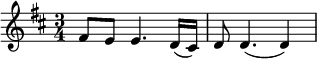 \relative c' { \time 3/4 \key d \major \tempo 4 = 90 \set Score.tempoHideNote = ##t
fis8 e e4. d16( cis) | d8 d4.( d4) } 