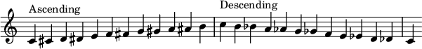  {
\override Score.TimeSignature #'stencil = ##f
\relative c' {
  \clef treble \time 12/4
  c4^\markup { Ascending } cis d dis e f fis g gis a ais b
  c^\markup { Descending } b bes a aes g ges f e es d des c
  }
}
