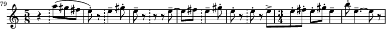  \relative c''' {
    \set Score.tempoHideNote = ##t
    \tempo 4 = 144
    \set Score.currentBarNumber = #79
    \bar ""
    \set Staff.midiInstrument = #"english horn"
    \time 5/8 r \bar "!"
    a8([ gis8 fis8] e8-.) r8 \bar "!"
    e4-- gis8-. e8-- r8 \bar "!"
    r8 r8 e8--~ e8[ fis8] \bar "!"
    e4-- gis8-. e8-. r8 \bar "!"
    e8-. r8 e8->[
    \time 3/4 e8-. fis8-.] e8-.[ gis8-.] e4--
    b'8-. e,4.--~ e8 r8
  }
