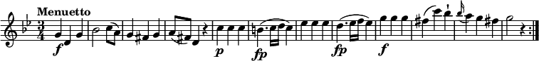 
\relative c''' {
  \tempo "Menuetto"
  \key bes \major
  \time 3/4
  g,4\f d g
  bes2 c8 (a)
  g4 fis g
  a8 (fis) d4 r4
  c'4\p c c
  b4.\fp (c16 d c4)
  ees ees ees
  d4.\fp (ees16 f ees4)
  g4\f g g
  fis (c') bes-!
  \grace bes16 (a4) g fis
  g2 r4\bar ":|."
}
