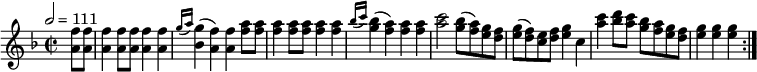 
\relative c'' { 
  \set Staff.midiInstrument = #"piano"
  \tempo 2 = 111
  \key f \major
  \time 2/2
  \repeat volta 2 { \partial 4 <a f'>8 <a f'> <a f'>4 <a f'>8 <a f'> <a f'>4 <a f'> \grace { g'16( a16) } <bes, g'>4( <a f'>) <a f'>
  <f' a>8 <f a> <f a>4 <f a>8 <f a> <f a>4 <f a> \grace { bes16( c16) } <g bes>4( <f a>4) <f a> <f a> <a c>2 <g bes>8( <f a>) <e g> <d f>
  <e g>( <d f>) <c e> <d f> <e g>4 c <a' c> <bes d>8 <a c> <g bes> <f a> <e g> <d f> <e g>4 <e g> <e g> }
}
