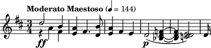  \relative c'' { \clef treble \key d \major \time 3/4 \tempo "Moderato Maestoso" 4 = 144 << { d2\ff b4 } \\ { r4 a fis } >> <a e> fis4. <b d,>8 | <a e>4 fis e | d2(\p <f d bes>4~ | <f d bes> <e d c>2) | d16 } 