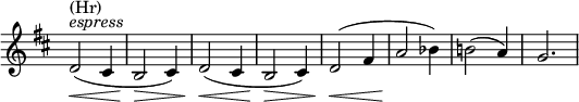 
\relative c' \new Staff \with { \remove "Time_signature_engraver" } {
 \key d \major \time 3/4
  d2^\markup { \italic espress } ^\markup (Hr) \<( cis4 b2\> cis4) d2\<( cis4 b2\> cis4) d2\<( fis4 a2\! bes4) b!2( a4) g2.
}
