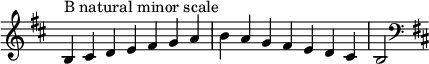  {
\omit Score.TimeSignature \relative c' {
  \key b \minor \time 7/4 b^"B natural minor scale" cis d e fis g a b a g fis e d cis b2
  \clef F \key b \minor
} }
