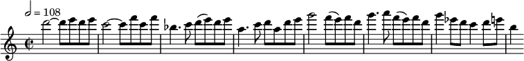 
  \relative c'' { \clef treble \time 2/2 \tempo 2 = 108 d'2~ d8 e d e c2~ c8 f c f bes,4. c8 d( e) d e a,4. c8 d a d e g2 f8( e) f d g4. a8 f( e) f d g4 ees8 d c4 d8 e b4 }
