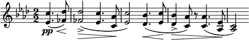  \relative c'' { \set Staff.midiInstrument = #"clarinet" \clef treble \key aes \major \numericTimeSignature \time 2/2 \partial 2*1 <c ees,>4.\pp\<( <des fes,>8\!) | <des fes,>2->(\> <c ees,>4. <aes c,>8\! | <c ees,>2) <bes des,>4.\<( <c ees,>8\! | <bes des,>4->\> <aes c,>8) r <aes c,>4.( <ees aes,>8\! | <c aes>2) } 