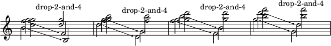 
{
\new Staff <<
\override Score.TimeSignature
#'stencil = ##f
\override Score.SpacingSpanner.strict-note-spacing = ##t
\set Score.proportionalNotationDuration = #(ly:make-moment 1/8)
\time 4/4 
\new Voice \relative c'' {
      <d g>2 \once \stemUp <d g>^\markup { \center-align { "drop-2-and-4" } }
      <f g b> <f b>^\markup { \center-align { "drop-2-and-4" } }
      <g d'> <g d'>^\markup { \center-align { "drop-2-and-4" } }
      <b f'> <b f'>^\markup { \center-align { "drop-2-and-4" } }
      }
\new Voice \relative c'' {
  \override TextSpanner.bound-padding = #1.0
  \override TextSpanner.style = #'line
  \override TextSpanner.bound-details.right.arrow = ##t
  \override TextSpanner.bound-details.left.text = #"fof"
  \override TextSpanner.bound-details.right.text = #"gag"
  \override TextSpanner.bound-details.right.padding = #0.6
  \override TextSpanner.bound-details.right.stencil-align-dir-y = #CENTER
  \override TextSpanner.bound-details.left.stencil-align-dir-y = #CENTER
  \override Glissando.bound-details.right.arrow = ##t
  \override Glissando.arrow-length = #0.5
  \override Glissando.arrow-width = #0.25
      <f g>2\glissando f,
      g'\glissando \once \stemDown g,
      b'\glissando \once \stemDown b,
      d'\glissando \once \stemDown d,
      }
\new Voice \relative c'' {
  \override TextSpanner.bound-padding = #1.0
  \override TextSpanner.style = #'line
  \override TextSpanner.bound-details.right.arrow = ##t
  \override TextSpanner.bound-details.left.text = #"fof"
  \override TextSpanner.bound-details.right.text = #"gag"
  \override TextSpanner.bound-details.right.padding = #0.6
  \override TextSpanner.bound-details.right.stencil-align-dir-y = #CENTER
  \override TextSpanner.bound-details.left.stencil-align-dir-y = #CENTER
  \override Glissando.bound-details.right.arrow = ##t
  \override Glissando.arrow-length = #0.5
  \override Glissando.arrow-width = #0.25
      b2\glissando b,
      d'\glissando \once \stemDown d,
      <f' g>\glissando \once \stemDown f,
      g'\glissando \once \stemDown g,
      }
>>
}
