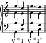 
\new PianoStaff <<
  \new Staff \fixed c' {
    \omit Score.TimeSignature \time 2/4
    << { e'\glissando c' e'\glissando d' } \\ { f e f e } >>
  }
  \new Staff { \clef bass << { b g b g } \\ { g, c g, c } >> }
  \new Lyrics \lyricmode {
    \markup { V \super 13 } I \bar "||"
    \markup { V \super 13 } \markup { I \super 9 } \bar "||"
  }
>>
