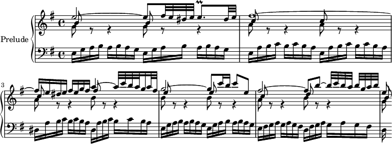 
\version "2.18.2"
\header {
  tagline = ##f
}

upper = \relative c'' {
    \clef treble 
    \key e \minor
    \time 4/4
    \tempo 4 = 63
    \set Staff.midiInstrument = #"harpsichord"

   %% PRÉLUDE CBT I-10, BWV 855, mi mineur
   << { e2~ e8 fis32 e dis e e8.\prall dis32 e | fis1~ | fis16 e dis e fis e g fis a4~ a32 c b a g16 a32 fis g2~ g8 c16 b c8 e, fis2~ fis8 b~ b32[[ c b a] b[ g a b]] e,8~ } \\ { \repeat unfold 2 { g,8 r8 r4 } \repeat unfold 3 { a8 r8 r4 } b8 r8 r4 \repeat unfold 2 { b8 r8 r4 } a8 r8 r4 b8 r8 r4 g8 } \\ { \repeat unfold 2 { b8 s8 s4 } \repeat unfold 3 { c8 s8 s4 } fis8 s8 s4 \repeat unfold 2 { e8 s8 s4 } c8 s8 s4 d8 s8 s4 b8 } >>
   
}

lower = \relative c {
    \clef bass 
    \key e \minor
    \time 4/4
    \set Staff.midiInstrument = #"harpsichord"

    \repeat unfold 2 { e16 g a b a b a g }
    \repeat unfold 2 { e16 a b c b c b a }
    \repeat unfold 2 { dis,16 a' b c b c b a }
    \repeat unfold 2 { e16 g a b a b a g }
    e16 fis g a g a g fis d fis g a g a g fis d16
}

\score {
  \new PianoStaff <<
    \set PianoStaff.instrumentName = #"Prelude"
    \new Staff = "upper" \upper
    \new Staff = "lower" \lower
  >>
  \layout {
    \context {
      \Score
      \remove "Metronome_mark_engraver"
      \override SpacingSpanner.common-shortest-duration = #(ly:make-moment 1/3) 
    }
  }
  \midi { }
}
