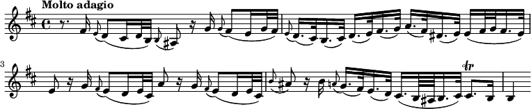 
\relative c' { \set Staff.midiInstrument = #"viola" \set Score.tempoHideNote = ##t \clef treble \key b \minor \time 4/4 \tempo "Molto adagio" 4 = 28 
r8. fis16 \appoggiatura e8 d( cis16 d32 b) \appoggiatura b8 ais r16 g' \appoggiatura g8 fis(e16 g32 fis) |
\appoggiatura e8 d16.(cis32) b16.(cis32) d16.(e32) fis16.(g32) a16.(fis32) dis16.(e32) e16(fis32 g fis16. e32) |
e8 r16 g \appoggiatura fis8 e(d16 e32 cis) a'8 r16 g \appoggiatura fis8 e(d16 e32 cis)|
\appoggiatura b'8 ais r16 b \appoggiatura a8 g16.(fis32) e16.(d32) cis16.(b64 ais b16. cis32) cis8. \trill b16|
b4
 }
