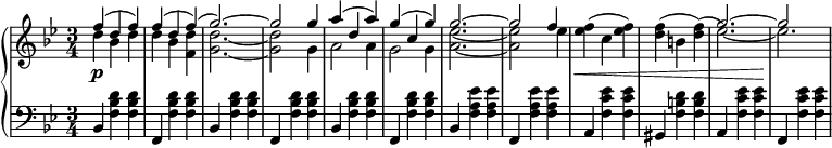 
 \relative c' {
  \new PianoStaff <<
   \new Staff { \key g \minor \time 3/4
    \set Score.tempoHideNote = ##t
     \tempo "" 2. = 64
    <<
   {
      f'( d f) f( d f)( g2.~) g2 g4 a( d, a') g( c, g') g2.~ g2 f4 s\< s s s s s g2.~ g2\!
   }
    \\
   {
     d4 bes d d bes <d f,> <g, d'>2.~ <g d'>2 g4 a2 a4 g2 g4 <a ees'>2.~ <a ees'>2 ees'4 <ees f>^( c <ees f>) <d f>^( b <d f>)^( ees2.~) ees
   }
    >>
   }
   \new Dynamics {
    s\p
      }
   \new Staff { \key g \minor \time 3/4 \clef bass
      bes,,4 <f' bes d> <f bes d> f, <f' bes d> <f bes d> bes, <f' bes d> <f bes d> f, <f' bes d> <f bes d> bes, <f' bes d> <f bes d> f, <f' bes d> <f bes d> bes, <f' a ees'> <f a ees'> f, <f' a ees'> <f a ees'> a, <f' c' ees> <f c' ees> gis,4 <f' b d> <f b d> a, <f' c' ees> <f c' ees> f, <f' c' ees> <f c' ees>
   }
  >>
 }
