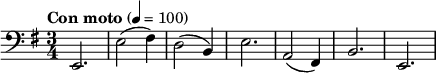 
  \relative c { \clef bass \key e \minor \time 3/4 \tempo "Con moto" 4 = 100 e,2. e'2( fis4) d2( b4) e2. a,2( fis4) b2. e, }
