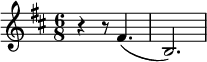 
\relative c' { \set Staff.midiInstrument = #"Clarinet"
  \key d \major
  \time 6/8
  r4 r8 fis4.( | b,2.)
}
