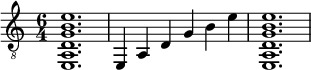  {
\clef "treble_8"
\time 6/4
< e, a, d g b e' >1.
e,4 a, d g b e'
< e, a, d g b e' >1.}
