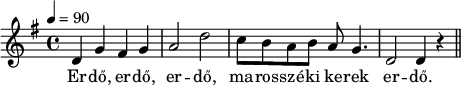 
{
   <<
   \relative c' {
      \key d \mixolydian
      \time 4/4
      \tempo 4 = 90
      \set Staff.midiInstrument = "piano"
      \transposition c'
%       Erdő, erdő, erdő, marosszéki kerek erdő,
        d4 g fis g a2 d2 c8 b a b a g4. d2 d4 r \bar "||" \break


      }
   \addlyrics {
        Er -- dő, er -- dő, er -- dő, ma -- ros -- szé -- ki ke -- rek er -- dő.
      
      }
   >>
}
