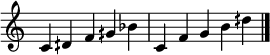 
\relative c' {
\cadenzaOn \omit Staff.TimeSignature
\tempo 1 = 90 \set Score.tempoHideNote = ##t
c dih f gih bes \bar "|" c, f gih bes dih \bar "|."
}
