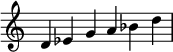   {
\override Score.TimeSignature #'stencil = ##f
\relative c' {
  \clef treble \key c \major \time 6/4 
  d ees g a bes d
} }
