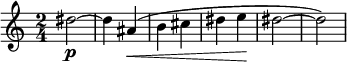  \relative c'' {
    \set Score.tempoHideNote = ##t
    \numericTimeSignature
    \tempo 4 = 160
    \time 2/4
    \set Staff.midiInstrument = #"alto sax"
    dis2\p ~ dis4 ais\< (b cis dis e\! dis2 ~ dis)
 }
