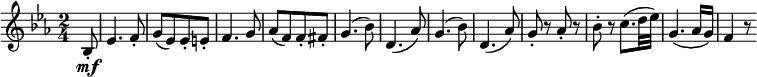  { \relative bes { \key es \major \time 2/4
\partial 8 bes8-. \mf | es4. f8-. | g8([ es) es-. e-.] | f4. g8 | as8([ f) f-. fis-.] |
g4.( bes8) | d,4.( as'8) | g4.( bes8) | d,4.( as'8) | g8-. r as-. r | bes8-. r c8.( d32 es) |
g,4.( as16 g) | f4 r8}} 