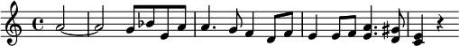 
\relative c'' {
  \key a \minor
  \time 4/4
  \partial 2 a2~ | a2 g8 bes e, a | a4. g8 f4 d8 f | e4 e8 f <e a>4. <d gis>8 | <c e>4 r
}
