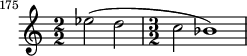  \relative c'' {
    \set Score.tempoHideNote = ##t
    \tempo 2 = 44
    \set Score.currentBarNumber = #175
    \bar ""
    \set Staff.midiInstrument = #"flute"
    \transposition g
    \numericTimeSignature
    \time 2/2 ees2( d2
    \time 3/2 c2 bes1)
  }
