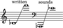 
    {
      \new Staff \with { \remove "Time_signature_engraver" }
      \clef treble \key c \major ^ \markup "written" \cadenzaOn
      bes1 \glissando f'''1
      \clef bass ^ \markup "sounds" aes,,1 \glissando ees'1
    }
  