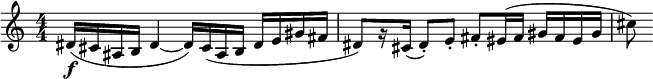  \relative c' {
    \set Score.tempoHideNote = ##t
    \numericTimeSignature
    \tempo 4 = 126
    \set Staff.midiInstrument = #"alto sax"
    dis16\f (cis ais b dis4 ~ dis16) cis (ais b dis e gis fis dis8) [r16 cis](dis8-.) e-. fis-. eis16(fis gis fis eis gis cis8)
 }
