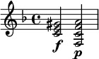 
\relative c' {
  \key f \major
 <c e gis>2\f <f, c' f a>\p
}
