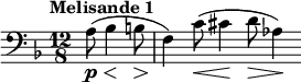  \relative c' { \clef bass \time 12/8 \key d \minor \tempo "Melisande 1" \partial 8*4 a8\p\<( bes4\! b8\> | f4\!) c'8(\< cis4\! d8\> aes4\!) } 