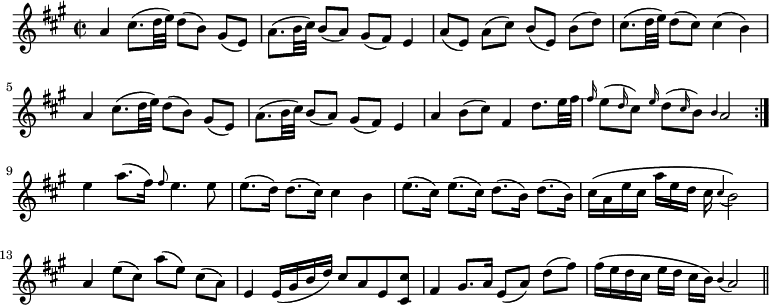 { \time 2/2 \key a \major \relative a' { \repeat volta 2 { a4 cis8.[( d32 e]) d8([ b)] gis[( e]) | a8.[( b32 cis)] b8[( a)] gis[( fis)] e4 | a8[( e)] a[( cis]) b([ e,]) b'([ d]) | cis8.[( d32 e]) d8[( cis]) cis4( b) | a4 cis8.[( d32 e]) d8([ b)] gis[( e]) | a8.[( b32 cis)] b8[( a)] gis[( fis)] e4 | a4 b8( cis) fis,4 d'8.[ e32 fis] | \grace fis16 e8[( \grace d16 cis8]) \grace e16 d8[( \grace cis16 b8]) \grace b4 a2 }
e'4 a8.( fis16) \grace fis8 e4. e8 | e8.([ d16)] d8.([ cis16)] cis4 b | e8.[( cis16]) e8.[( cis16]) d8.[( b16]) d8.[( b16]) | cis[\( a e' cis] a'[ e d] cis \appoggiatura cis4 b2\) | a4 e'8([ cis)] a'[( e]) cis([ a)] | e4 e16( gis b d) cis8 a e <cis cis'> | fis4 gis8. a16 e8([ a)] d[( fis)] | fis16\([ e d cis] e[ d] cis[ b]\) \appoggiatura b4 a2 \bar "||" } }