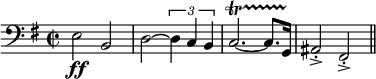 
  \relative c{
    \set Staff.midiInstrument = #"tuba"
    \set Score.tempoHideNote = ##t
    \tempo 4 = 130
    \clef bass
    \key g \major
    \time 2/2 
      e2 \ff b d~ \times 2/3 { d4 c b } c2.~\startTrillSpan c8. g16\stopTrillSpan ais2\accent\staccato fis\accent\staccato \bar "||"
  }
