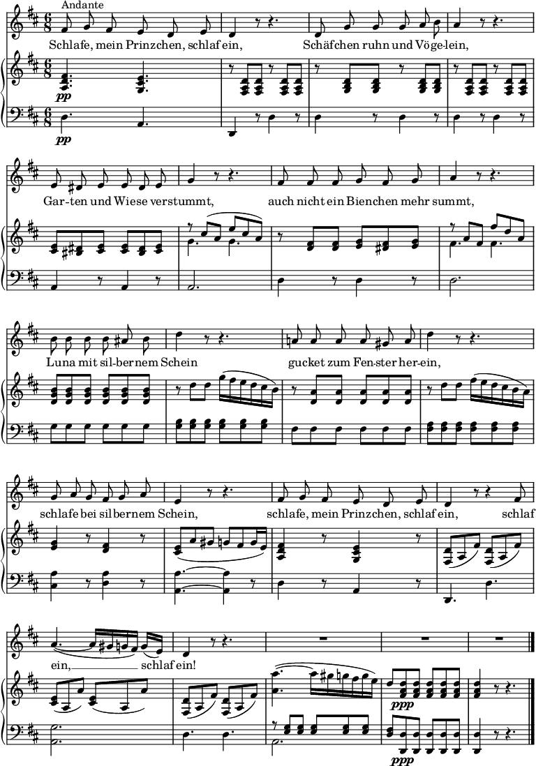 
\header { tagline = ##f }
\layout { indent = 0\cm \context { \Score \remove "Bar_number_engraver" } }

global = {
  \key d \major
  \time 6/8
% \tempo "Andante"
}

sopranoVoice = \relative c'' { \set Score.tempoHideNote = ##t \tempo 4. = 52
  \global
  \dynamicUp \autoBeamOff
  fis,8^"Andante" g fis e d e | d4 r8 r4. |
  d8 g g g a b | a4 r8 r4. |
  e8 dis e e dis e | g4 r8 r4. |
  fis8 fis fis g fis g | a4 r8 r4. |
  b8 b b b ais b | d4 r8 r4. |
  a!8 a a a gis a | d4 r8 r4. |
  g,8 a g fis g a | e4 r8 r4. |
  fis8 g fis e d e | \tempo 4. = 48 d4 r8 r4 fis8 |
  a4.~ (a16 [gis g fis]) g ([e]) | \tempo 4. = 52 d4 r8 r4. | R2.*3 | \bar "|."
}

verse = \lyricmode {
  Schla -- fe, mein Prinz -- chen, schlaf ein,
  Schäf -- chen ruhn und Vö -- ge -- lein,
  Gar -- ten und Wie -- se ver -- stummt,
  auch nicht ein Bien -- chen mehr summt,
  Lu -- na mit sil -- ber -- nem Schein
  gu -- cket zum Fen -- ster her -- ein,
  schla -- fe bei sil -- ber -- nem Schein,
  schla -- fe, mein Prinz -- chen, schlaf ein,
  schlaf ein, __ schlaf ein!
}

rightOne = \relative c'' {
  \global
  <a, d fis>4.\pp <g cis e> | r8 <fis a d>8 <fis a d> r8 <fis a d> <fis a d> |
  r <g b d> <g b d> r8 <g b d> <g b d> | r8 <fis a d> <fis a d> r8 <fis a d> <fis a d> |
  <cis' e> <bis dis> <cis e> <cis e> <bis dis> <cis e> | r8 cis' (a e' cis a) |
  r8 <d, fis> <d fis> <e g> <dis fis> <e g> | r8 a fis fis' d a |
  <d, g b> <d g b> <d g b> <d g b> <d g b> <d g b> | r8 \stemDown d' d g16 (fis e d cis b) |
  r8 \stemNeutral <d, a'> <d a'> <d a'> <d a'> <d a'> | r8 d' d fis16 (e d cis b a) |
  <e g>4 r8 <d fis>4 r8 | \slurDown <e cis> (a gis g fis g16 e) |<a, d fis>4 r8 <g cis e>4 r8 |
  <fis d'> (a fis') <fis, d'> (a fis') | <cis e> (a a') <cis, e> (a a') | <fis, d'> (a fis') <fis, d'> (a fis') |
  \slurUp <a a'>4.~ (a'16 gis g fis g e) | d8 <d a fis>\ppp <d a fis> <d a fis> <d a fis> <d a fis> | <d a fis>4 r8 r4. |
}

rightTwo = \relative c'' {
  \global
  s4. s4. | r8 s4 r8 s4 | r8 s4 r8 s4 | r8 s4 r8 s4 | s4. s4. g4. g4. |
  r8 s4 s4. | fis4. fis4. | s4. s4. | r8 s4 s4. | r8 s4 s4. | r8 s4 s4. | s4 r8 s4 r8 |
  s2. | s4 r8 s4 r8 | s2. | s2. | s2. | s2. | s2. | s4 r8 r4. |
}

leftOne = \relative c {
  \global
  \stemNeutral d4.\pp a | d,4 r8 d'4 r8 | d4 r8 d4 r8 | d4 r8 d4 r8 |
  a4 r8 a4 r8 | a2. | d4 r8 d4 r8 | d2. |
  g8 g g g g g | <b g> <b g> <b g> <b g> <b g> <b g> |
  fis fis fis fis fis fis | <a fis> <a fis> <a fis> <a fis> <a fis> <a fis> |
  <a cis,>4 r8 <a d,>4 r8 | <a a,>4.~ <a a,>4 r8 | d,4 r8 a4 r8 | d,4. d'4. |
  <g a,>2. | d4. d4. | r8 \stemUp <g e> <g e> <g e> <g e> <g e> | <fis d> <d d,>\ppp <d d,> <d d,> <d d,> <d d,> | <d d,>4 r8 r4. |
}

leftTwo = \relative c' {
  \global
  s2. | s4 r8 s4 r8 | s4 r8 s4 r8 | s4 r8 s4 r8 |
  s4 r8 s4 r8 | s2. | s4 r8 s4 r8 | s2. | s2. | s2. | s2. | s2. |
  s4 r8 s4 r8 | s4. s4 r8 | s4 r8 s4 r8 | s2. | s2. | s2. | a,2. | s2. | s4 r8 r4. |
}

sopranoVoicePart = \new Staff \with {
  midiInstrument = "clarinet"
} { \sopranoVoice }
\addlyrics { \verse }

instrPart = \new PianoStaff <<
  \new Staff = "right" \with {
    midiInstrument = "acoustic guitar (nylon)" \consists "Merge_rests_engraver"
  } << \rightOne \\ \rightTwo >>
  \new Staff = "left" \with {
    midiInstrument = "acoustic guitar (nylon)" \consists "Merge_rests_engraver"
  } { \clef bass << \leftOne \\ \leftTwo >> }
>>
\score {
  <<
    \sopranoVoicePart
    \instrPart
  >>
  \layout { }
  \midi { }
}
