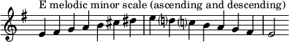  {
\omit Score.TimeSignature \relative c' {
  \key e \minor \time 7/4 e^"E melodic minor scale (ascending and descending)" fis g a b cis dis e d? c? b a g fis e2
} }
