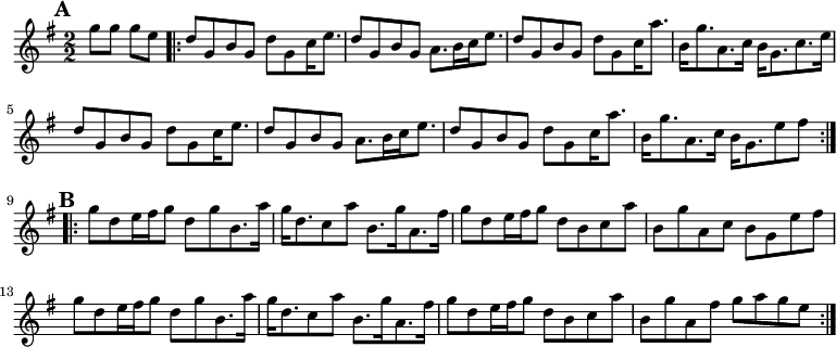 
\version "2.18.2"
<< <<
\new Staff { \set Staff.midiInstrument = "violin" \clef treble  \key g \major \numericTimeSignature \time 2/2 \partial 2 \relative g'' { 
        \mark \default g8 [ g8 ] g8 [ e8 ]  \repeat volta 2 {
        d8 [ g,8 b8 g8 ] d'8 [ g,8 c16 e8. ] | % 3
        d8 [ g,8 b8 g8 ] a8. [ b16 c16 e8. ] | % 4
        d8 [ g,8 b8 g8 ] d'8 [ g,8 c16 a'8. ] | % 5
        b,16 [ g'8. a,8. c16 ] b16 [ g8. c8. e16 ] \break | % 6
        d8 [ g,8 b8 g8 ] d'8 [ g,8 c16 e8. ] | % 7
        d8 [ g,8 b8 g8 ] a8. [ b16 c16 e8. ] | % 8
        d8 [ g,8 b8 g8 ] d'8 [ g,8 c16 a'8. ] | % 9
        b,16 [ g'8. a,8. c16 ] b16 [ g8. e'8 fis8 ] \break | \barNumberCheck #10 }
    \repeat volta 2 {
        \mark \default g8 [ d8 e16 fis16 g8 ] d8 [ g8 b,8. a'16 ] | % 11
        g16 [ d8. c8 a'8 ] b,8. [ g'16 a,8. fis'16 ] | % 12
        g8 [ d8 e16 fis16 g8 ] d8 [ b8 c8 a'8 ] | % 13
        b,8 [ g'8 a,8 c8 ] b8 [ g8 e'8 fis8 ] \break | % 14
        g8 [ d8 e16 fis16 g8 ] d8 [ g8 b,8. a'16 ] | % 15
        g16 [ d8. c8 a'8 ] b,8. [ g'16 a,8. fis'16 ] | % 16
        g8 [ d8 e16 fis16 g8 ] d8 [ b8 c8 a'8 ] | % 17
        b,8 [ g'8 a,8 fis'8 ] g8 [ a8 g8 e8 ] }
} }
>> >>
\layout { indent = #0 }
\midi { \tempo 4 = 100 }
