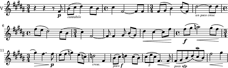 

{ \new PianoStaff 
  <<
\new Staff  \with { instrumentName="V"}
  \relative c'
{ 
  \set Score.tempoHideNote = ##t  \tempo 2 = 30
  \set Staff.midiInstrument = #"string ensemble 1" 
  \set Staff.midiMinimumVolume = 0.2
  \set Staff.midiMaximumVolume = 0.7
  \key b  \major
  \clef treble
  \time 3/4 r4 r r8 fis8\p |
  b_\markup {\italic \teeny "cantabile" }\=1( cis dis4\=1) cis8 b |
  \time 4/4 cis4 fis,2~ fis8 fis |
  \time 3/4 fis\=1( gis b4\=1) cis8\=2( fis,8\=2) |
  dis'2_\markup {\italic \teeny "un poco cresc"}~dis8 dis8 |
  \time 4/4 fis\=1( e dis2\=1) cis8\=2( b |
  \time 3/4 cis4\=2) fis,2~ |
  fis8 fis4 gis8 b[\=1( gis]\=1) |
  dis'4\< cis~ cis8 fis\! |
  \time 4/4 fis\f\=1( gis a2\=1)\< gis8\=1( fis\! |
  \time 3/4 gis4\=1)\> fis4. fis8\!\p |
  e\=1( fis g4\=1) e8\=1( c\=1) |
  d2_\markup {\italic \teeny "cresc." } fis,4 |
  b8_\markup {\italic \teeny "poco" \bold \italic f} ( cis) d4 cis8( b) |
  \tuplet 3/2 {cis( e cis} fis,4.)\< fis8\! |
  fis(_\markup {\italic \teeny "poco" \italic \teeny \bold sfp} gis b dis) (cis\mordent b) |
  fis'2\< gis4\! |
}
  >>
}
