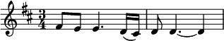 \relative c' { \time 3/4 \key d \major \tempo 4 = 90 \set Score.tempoHideNote = ##t
fis8 e e4. d16( cis) | d8 d4. ~ d4 } 