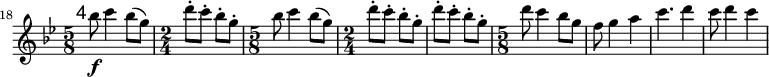 
\relative c''' \new Staff {
  \key bes \major \clef "treble"
  \set Staff.midiInstrument = "flute"
  \set Score.tempoHideNote = ##t \tempo 4 = 176
  \set Score.currentBarNumber = #18 \bar ""
  \mark \markup \sans 4

  \time 5/8 bes8\f c4 bes8( g) | \time 2/4 d'-. c-. bes-. g-. |
  \time 5/8 bes c4 bes8( g) | \time 2/4 d'-. c-. bes-. g-. | d'-. c-. bes-. g-. |
  \time 5/8 d' c4 bes8 g | f8 g4 a | c4. d4 | c8 d4 c |
}
