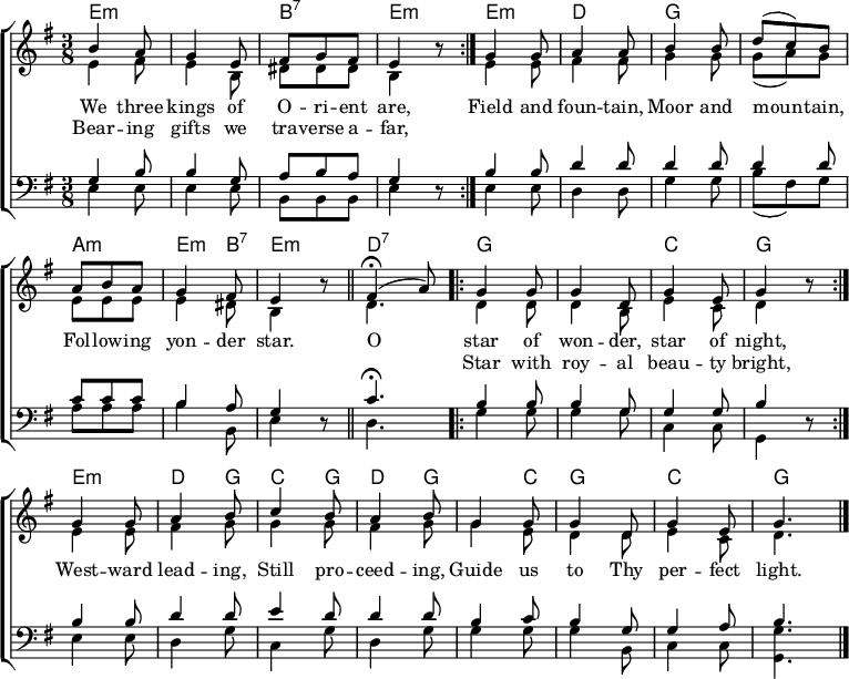 
\header { tagline = ##f }
\layout { indent = 0 \set Score.tempoHideNote = ##t
  \context { \Score \remove "Bar_number_engraver" }
  \context { \Voice \consists "Melody_engraver" }
}

global = { \key e \minor \time 3/8 }

chordNames = \chordmode {
  \global \set midiInstrument = #"acoustic guitar (steel)"
  \repeat volta 2 { e4.:m\p | e:m | b:7 | e:m }
  \once \set chordChanges = ##f e:m | d | g | g | a:m | e4:m b8:7 | e4.:m \bar "||"
  d:7 | \repeat volta 2 { g | g | c | g | }
  e:m | d4 g8 | c4 g8 | d4 g8 | g4 c8 | g4. | c | g \bar "|."
}

soprano = \relative c'' {
  \global \set midiInstrument = #"trumpet" \tempo 4=100
  \repeat volta 2 { b4 a8 | g4 e8 | fis g fis | e4 r8 | }
  g4 g8 | a4 a8 | b4 b8 | d (c) b | a b a | g4 fis8 | e4 r8 \bar "||"
  \tempo 4=45 fis4\fermata (\tempo 4=24 a8) | \tempo 4=100 \repeat volta 2 { g4 g8 | g4 d8 | g4 e8 | g4 r8 | }
  g4 g8 | a4 b8 | c4 b8 | a4 b8 |
  g4 g8 | g4 d8 | g4 e8 | g4. \bar "|."
}

alto = \relative c' {
  \global \set midiInstrument = #"trumpet"
  \repeat volta 2 { e4 fis8 | e4 b8 | dis dis dis | b4 r8 | }
  e4 e8 | fis4 fis8 | g4 g8 | g (a) g | e e e |e4 dis8 | b4 r8 \bar "||"
  d4. | \repeat volta 2 { d4 d8 | d4 b8 |e4 c8 | d4 r8 | }
  e4 e8 |fis4 g8 | g4 g8 | fis4 g8 | g4 e8 | d4 d8 | e4 c8 | d4. \bar "|."
}

tenor = \relative c' {
  \global \set midiInstrument = #"french horn"
  \repeat volta 2 { g4 b8 | b4 g8 | a b a | g4 r8 | }
  b4 b8 |d4 d8 | d4 d8 | d4 d8 | c c c | b4 a8 g4 r8 \bar "||"
  c4.\fermata | \repeat volta 2 { b4 b8 | b4 g8 | g4 g8 | b4 r8 | }
  b4 b8 |d4 d8 | e4 d8 |d4 d8 | b4 c8 | b4 g8 | g4 a8 | b4. \bar "|."
}

bass = \relative c {
  \global \set midiInstrument = #"french horn"
  \repeat volta 2 { e4 e8 | e4 e8 | b b b | e4 r8 | }
  e4 e8 |d4 d8 | g4 g8 | b (fis) g | a a a | b4 b,8 | e4 r8 \bar "||"
  d4. | \repeat volta 2 { g4 g8 | g4 g8 | c,4 c8 | g4 r8 | }
  e'4 e8 | d4 g8 | c,4 g'8 | d4 g8 | g4 g8 | g4 b,8 | c4 c8 | <g g'>4. \bar "|."
}

verse = \lyricmode {
  We three kings of O -- ri -- ent are,
  Field and foun -- tain, Moor and moun -- tain,
  Fol -- low -- ing yon -- der star.
    
  O star of won -- der, star of night,
    
  West -- ward lead -- ing,
  Still pro -- ceed -- ing,
  Guide us to Thy per -- fect light.
}
verseR = \lyricmode { % This is a terrible hack to get the lyrics aligned.
  Bear -- ing gifts we tra -- verse a -- far,
  "" "" "" "" "" "" "" "" "" "" "" "" "" "" "" Star with roy -- al beau -- ty bright,
}

chordsPart = \new ChordNames { \set chordChanges = ##t \chordNames }

choirPart = \new ChoirStaff <<
  \new Staff \with { \consists "Merge_rests_engraver" }
  <<
    \new Voice = "soprano" { \voiceOne \soprano }
    \new Voice = "alto" { \voiceTwo \alto }
  >>
  \new Lyrics \lyricsto "soprano" \verse
  \new Lyrics \lyricsto "soprano" \verseR
  \new Staff \with { \consists "Merge_rests_engraver" }
  <<
    \clef bass
    \new Voice = "tenor" { \voiceOne \tenor }
    \new Voice = "bass" { \voiceTwo \bass }
  >>
>>

\score {
  <<
    \chordsPart
    \choirPart
  >>
  \layout { }
}
\score { \unfoldRepeats { << \chordsPart \\ \soprano \alto \\ \tenor \bass >> }
  \midi {
    \context { \Score midiChannelMapping = #'instrument }
    \context { \Staff \remove "Staff_performer" }
    \context { \Voice \consists "Staff_performer" }
  }
}
