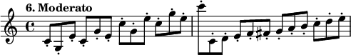 
%etude6
\relative c'
{  
\set Staff.midiInstrument = #"violin"
\time 4/4 
\tempo "6. Moderato"
\key c \major
c8*2/3-. g-. e'-. c-. g'-. e-. c'-. g-. e'-. c-. g'-. e-. | c'-. c,,-. d-. e-. f-. fis-. g-. a -. b-. c -. d-. e-.
}

