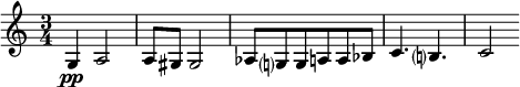 
\relative c' {
  \set Staff.midiInstrument = #"violin"
  \set Score.tempoHideNote = ##t \tempo 4 = 60
  \key c \major \time 3/4
  g4\pp a2|
a8 gis gis2|
 as8 g? g a a bes |
  c4. b? | c2 |
   |
}
