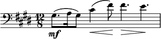  \relative c' { \set Staff.midiInstrument = #"cello" \clef bass \time 12/8 \key e \major gis8.\mf( a16 gis8) cis4(\< fis8\!) fis4.\> e\! } 