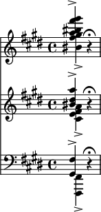 
\relative c'''' <<
  \new PianoStaff \with {
    midiInstrument = "flute"
  } {
    \key e \major \clef treble {
      \set Score.tempoHideNote = ##t
      \tempo 4 = 40
      << \partial 2 { <gis fis bis, a>4-> } \\ { <gis, fis bis,>4-> } >> r4\fermata
    }
  }
  \new Staff \with {
    midiInstrument = "trumpet"
  } {
    \key cis \minor \clef treble {
      << { <a dis, bis>4-> } \\ { <a, fis e cis>4-> } >> r4\fermata
    }
  }
  \new Staff \with {
    midiInstrument = "trombone"
  } {
    \key cis \minor \clef bass {
      << { <gis,, fis'>4-> } \\ { <fis fis,>4-> } >> r4\fermata
    }
  }
>>
