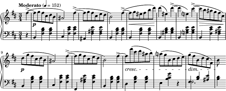 
\language english
\layout { \context { \PianoStaff \accidentalStyle piano-cautionary } }
\new PianoStaff
<<
  \new Staff \fixed c' {
    \key b \minor
    fs'4~->(
    fs'8 g' fs' cs' d' b | as2) fs'4~->( |
    8 g' fs' cs' e' d' | b2) fs'4~->( |
    8 g' es' fs' b' d'') | 4( es') d''~->( |
    4 e') cs''~->( | 8 b' as' g' fs' cs') |
    d'( g' fs' cs' d' b | as2) fs'4~->( |
    8 g' fs' cs' e' d' | b2) 
    fs'4~-> | 8 fs''( cs'' d'' as' b') |
    a'( g' b cs' d' e') | g'( fs' b d' cs' fs) | b
  }
  \new Dynamics {
    \time 3/4
    \tempo "Moderato" 4 = 152
    \partial 4
    s4 |
    s2.*4\p | s2.\< | s2.*2\! | s2.\> |
    s2.*4\p | s2.*2\cresc | s2.\dim | <>\!
  }
  \new Staff {
    \clef bass
    \key b \minor
    r4 |
    b,4 <fs b d'> q | cs <fs cs' e'> q |
    as, <fs as e'> <fs as e'> | b, <fs b d'> q |
    b, q q | b, <gs b d'> q |
    b, <g b e'> q | b, <fs cs' e'> <fs as e'> |
    b, <fs b d'> q | cs <fs cs' e'> q |
    fs, <fs as e'> <fs cs' e'> | b, <fs b d'> q |
    d <fs b d'> q | e <b cs' g'> r |
    << { fs <b d'> <as e'> } \\ fs2. >> | <b d'>4
  }
>>
