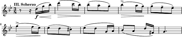 
\relative{
  \set Staff.midiInstrument = "cello"
  \key bes \major
  \time 3/8
  \tempo \markup "III. Scherzo"
  r8 r16 d''16\f( \< g16 bes16 \! ) | d4( \> c16 bes16 \! ) | bes8--( a8-- g8-- ) | bes4-> \> ( a16 g16 ) \! | g8--( f8-- ees8-- ) | \break
  g4->( \> f16 ees16) \! | ees8( d8 cis8 ) | [ees8( d8 ] g,16 a16 ) | [ bes8( a8 ] d16 fis,16) | g4.
 }
