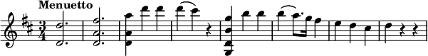 
\relative c'' { \set Score.tempoHideNote = ##t \tempo "Menuetto" 4=130 \key d \major \time 3/4
  <d d,>2. <fis a, d,> <a a, d,>4 d d d( cis) r
  <g b, d, g,> b b b( a8.) g16 fis4 e d cis d r r
}
