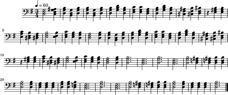 X:1
L:1/4
Q:1/4=60
I:linebreak $
K:G
V:1 clef=bass
M: 3/4
[C,2E,2G,2] [C,E,G,^A,]|[D,G,B,][D,G,B,,][D,G,B,]|[D,G,B,][D,G,B,,][D,G,B,]|[D,G,B,][DG,B,][D,G,B,]|[E,G,C][E,G,C][D,F,A,]| [D,G,B,][DG,B,][D,G,B,]|[^C,F,^A,][^C,F,B,][D,F,^B,]|z1 [E,^G,B,][E,G,B,]|[E,A,C]  [^D,F,B,][^D,F,A,]|[E,2G,2B,2][E,F,B,]|[E,G,C] [E,G,B,] [D,G,B,]|[D,2F,2A,2][D,G,B,]|[D,G,B,][D,G,B,,][D,G,B,]|[D,G,B,][DG,B,][D,G,B,]|[E,G,C][E,G,C][D,F,A,]| [D,G,B,][DG,B,][D,G,B,]|[^C,F,^A,][^C,F,B,][D,F,^B,]|z1 [E,^G,B,][E,G,B,]|[E,A,C]  [^D,F,B,][^D,F,A,]|[E,2G,2B,2][E,F,B,]|[E,G,C] [E,G,B,] [D,G,B,]|[D,2F,2A,2][D,G,B,]|[D,3G,3B,3]|[C,3E,3G,3]|[D,3G,3B,3]|[C,3E,3G,3]|[D,2G,2B,2][D,=F,^A,]|[D,=F,^A,][D,F,B,][D,F,B,]|[D,2G,2B,2][D,G,B,]|[D,F,A,][D,F,A,][D,F,A,]|[D,G,B,][D,G,B,][D,=F,B,]|[C,3E,3G,3]|[D,3G,3B,3]|[C,3E,3G,3]|[D,2G,2B,2][D,=F,^A,]|[D,=F,^A,][D,F,B,][D,F,B,]|[D,2G,2B,2][D,G,B,]|[D,F,A,][D,F,A,][D,F,A,]|[D,3G,3B,3]|] %16