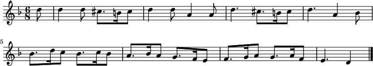 
  \relative c'' {
    \time 6/8
    \partial 8
    \numericTimeSignature
    \key d \minor
    d8 |
    d4 d8 cis8. [b16 cis8] | d4 d8 a4 a8 |
    d4. cis8. [b16 cis8] | d4. a4 bes8 |
    bes8. [d16 c8] bes8. [c16 bes8] | a8. [bes16 a8] g8. [f16 e8] |
    f8. [g16 a8] g8. [a16 f8] | e4. d4
    \bar "|."
  }
