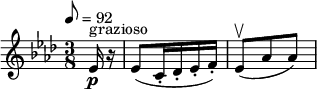 
  \relative c' { \set Staff.midiInstrument = #"violin" \clef treble \time 3/8 \key aes \major \tempo 8 = 92 \partial 8*1 ees16^"grazioso"\p r | ees8( c16-. des-. ees-. f-.) | ees8(\upbow aes aes)}
